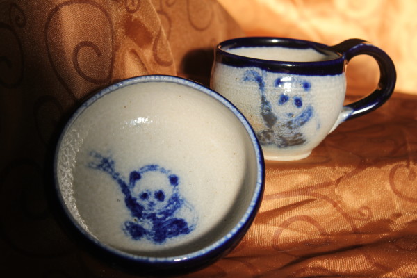 Panda Cup and Bowl Salt Glaze