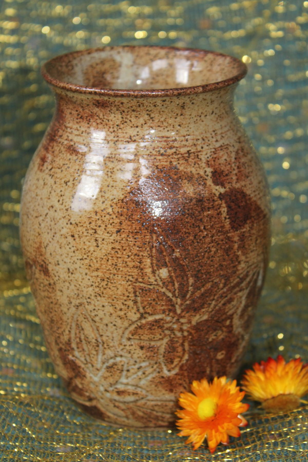 Small Speckled Vase with Carved Flowers