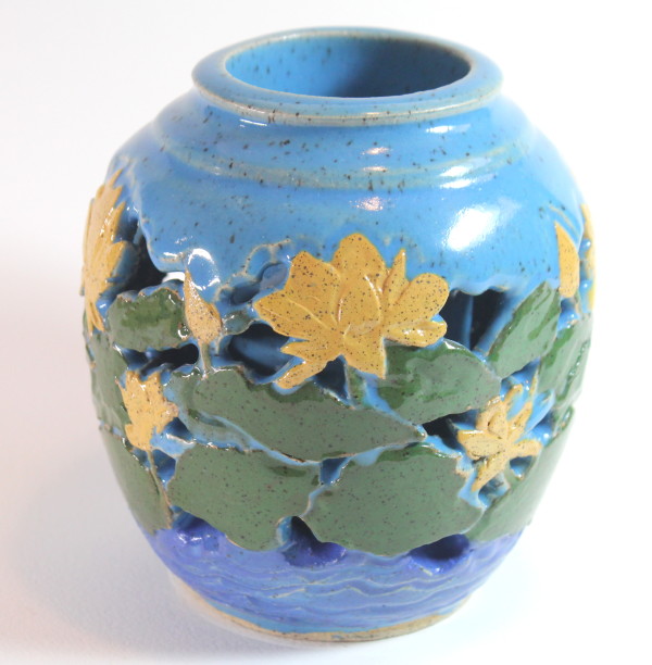 Carved Double-Walled Vase, Turquoise With Water Lilies