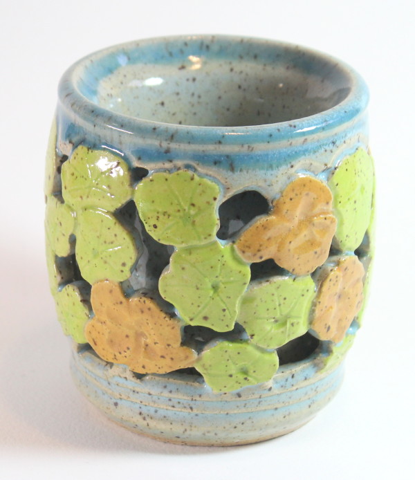 Carved Double-Walled Vase - Aqua, with Lime Greeen and Orange Water Lilies