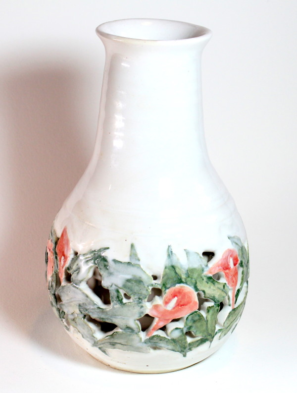 Carved Double Wall White Vase with Flowers