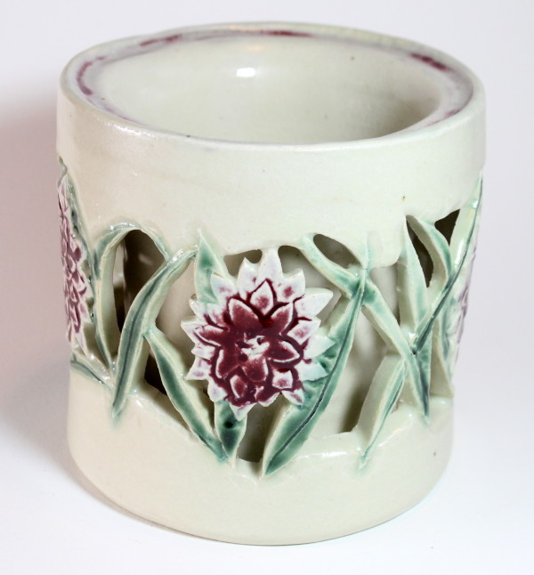 Carved Double Wall Vase - White with Maroon Flowers
