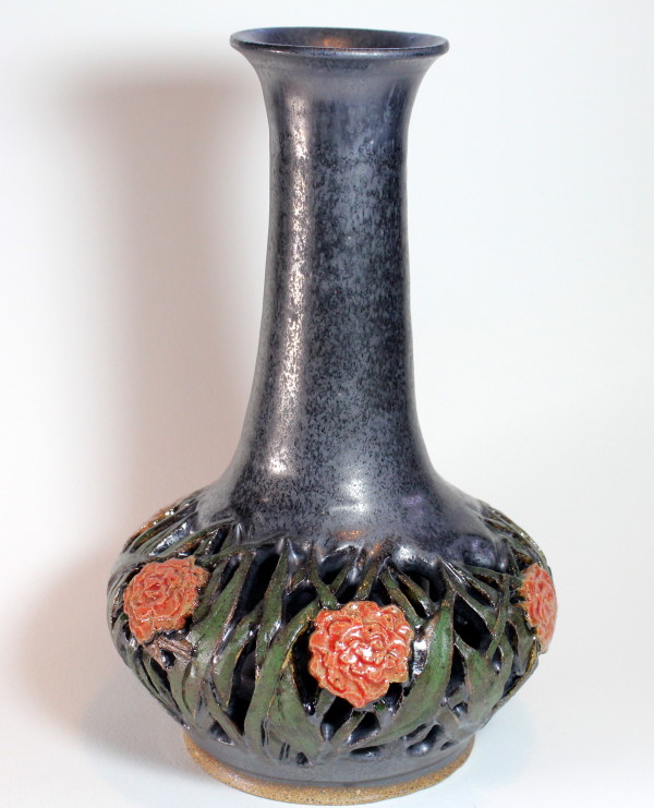 Carved Double Vase - Black with Flowers