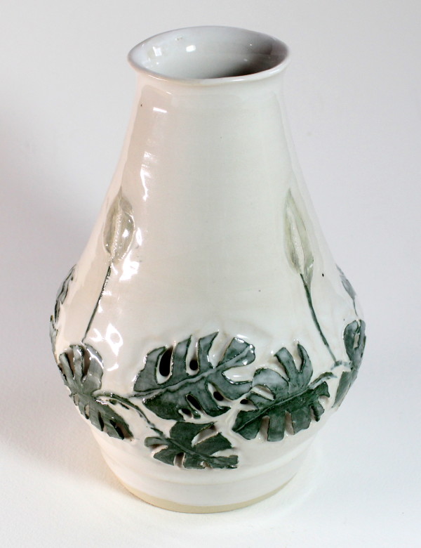 Carved Double Wall White Vase with Philodendron