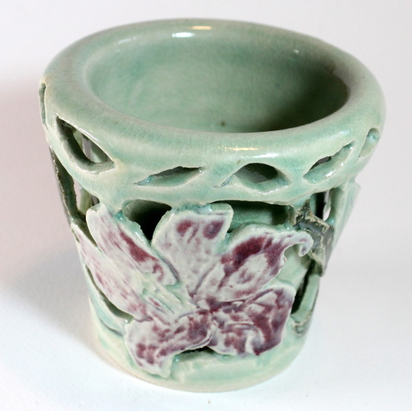 Carved Double Wall Celadon Vase with Maroon Flowers