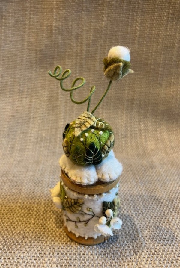 Lily of the Valley and White Flower Bud Wooden Spool by Christine Shively Benjamin