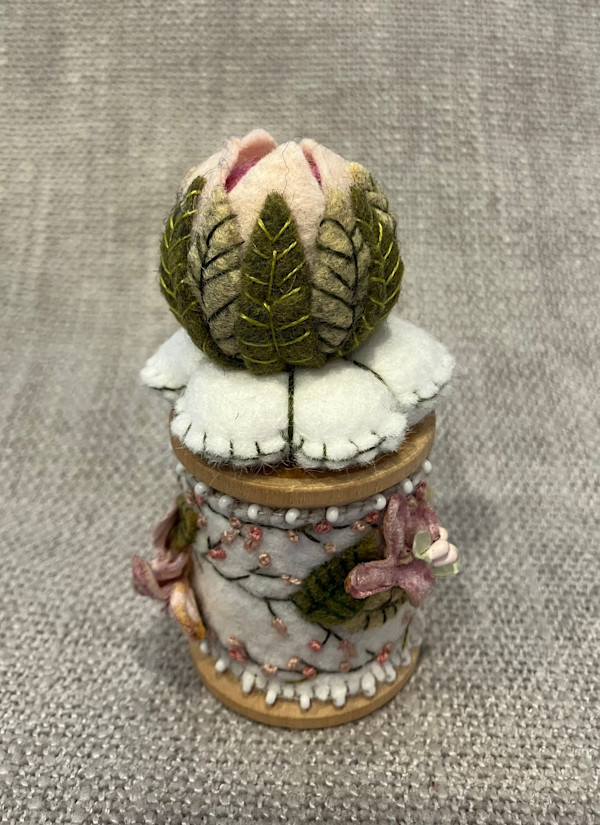 Pink and white Vintage Flower Wooden Spool by Christine Shively Benjamin
