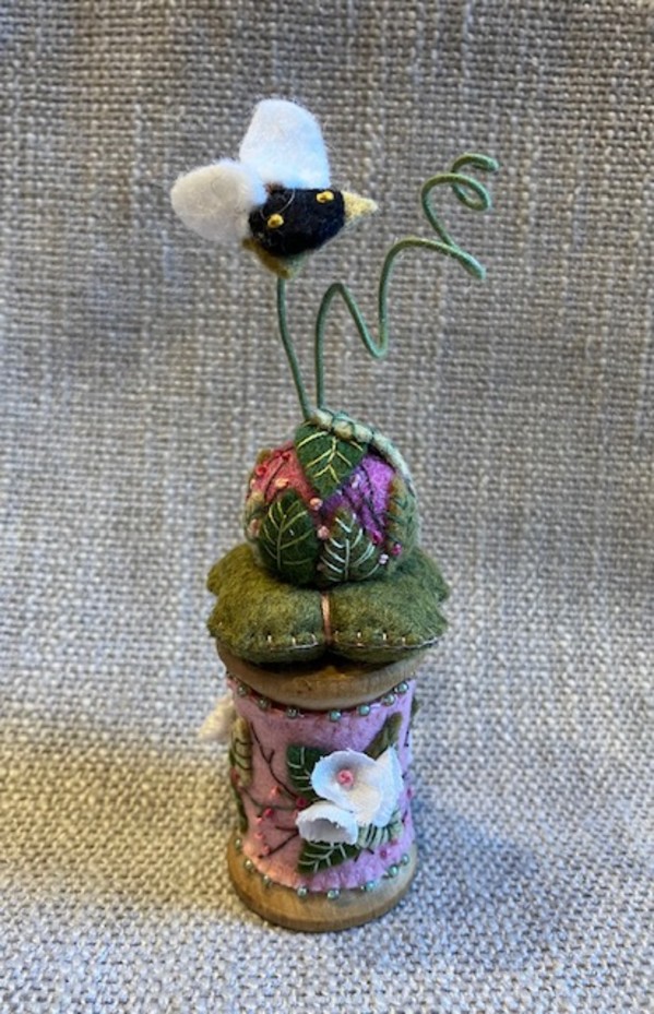 Pink Vintage Flower And Bee Wooden Spool by Christine Shively Benjamin