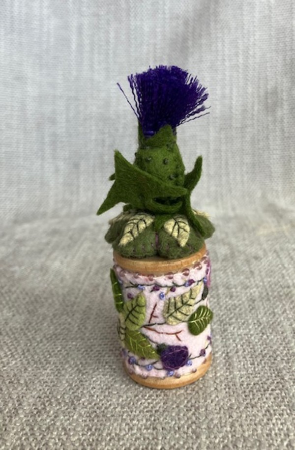 Thistle and Morning Glory Wooden Spool by Christine Shively Benjamin