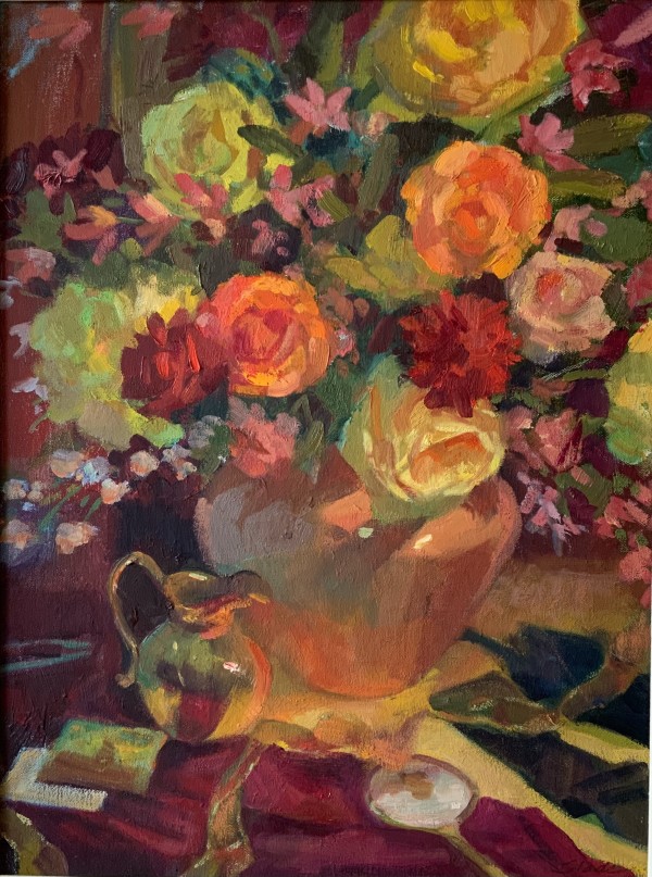 Roses with Brass Pitcher by Charlotte Slade Decker