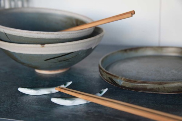 Stoneware ramen bowls and plate by Berni Cooper