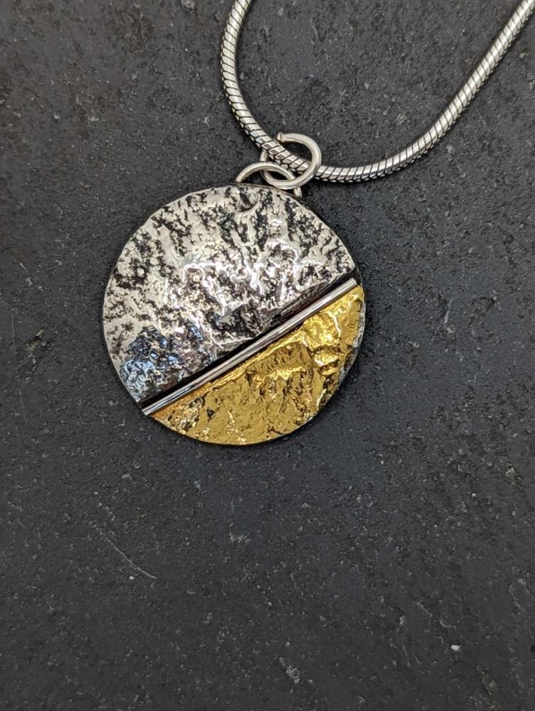 Textured sterling silver pendant with keum boo by Jayne Luscombe