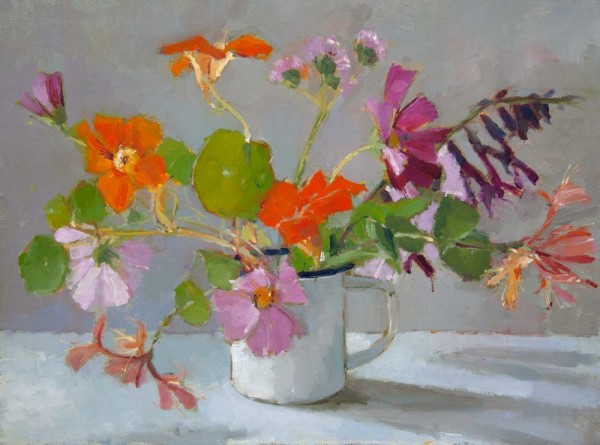Late summer flowers in enamel mug by Annie Waring