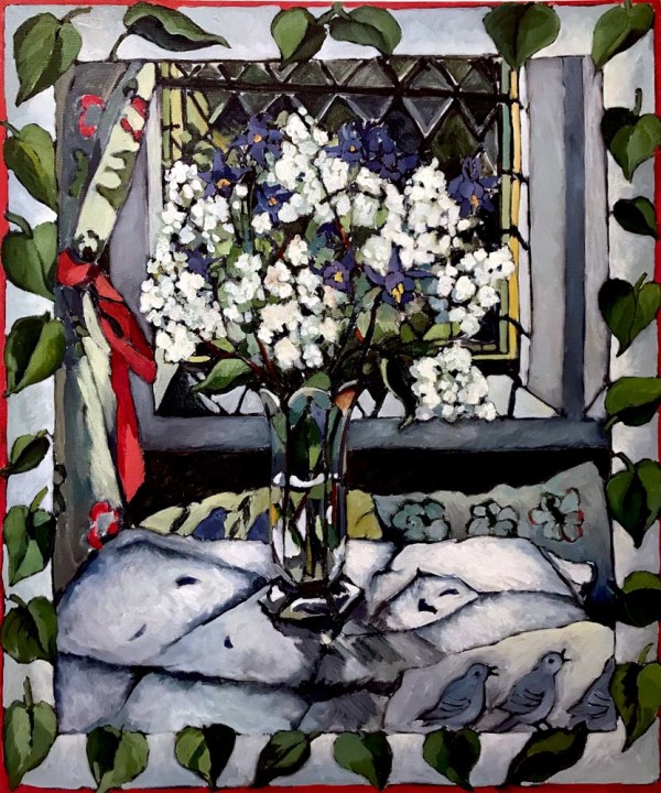 White lilac and blue aquilegia by Susan Quekett