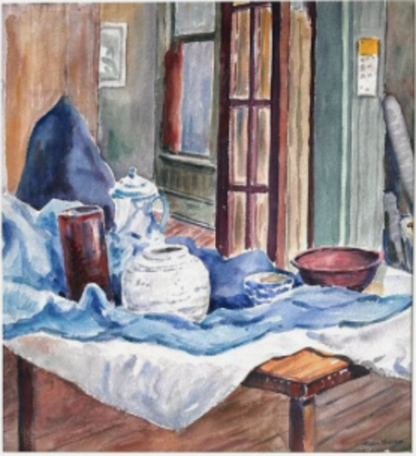 Arrangement of Pottery on Blue Cloth by Tunis Ponsen