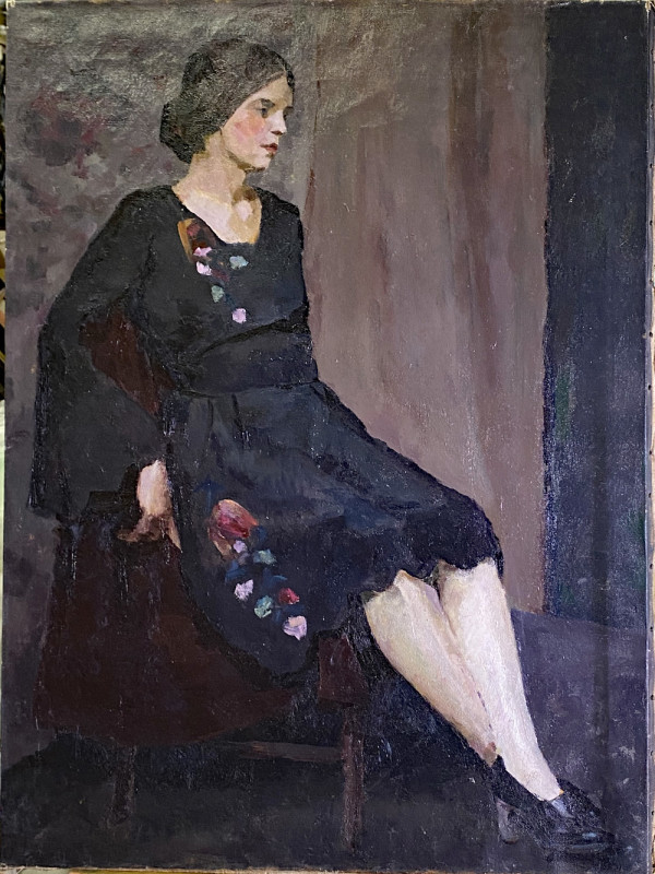 Woman in Black Dress w embroidered Flowers by Tunis Ponsen