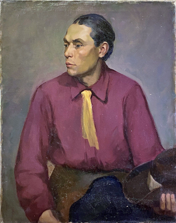 Man in Chaps w Yellow Scarf Tie and Western Hat by Tunis Ponsen
