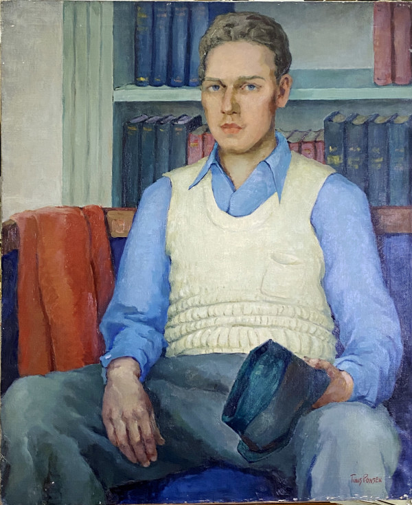 Male with white Sweater Vest and Holding Hat by Tunis Ponsen