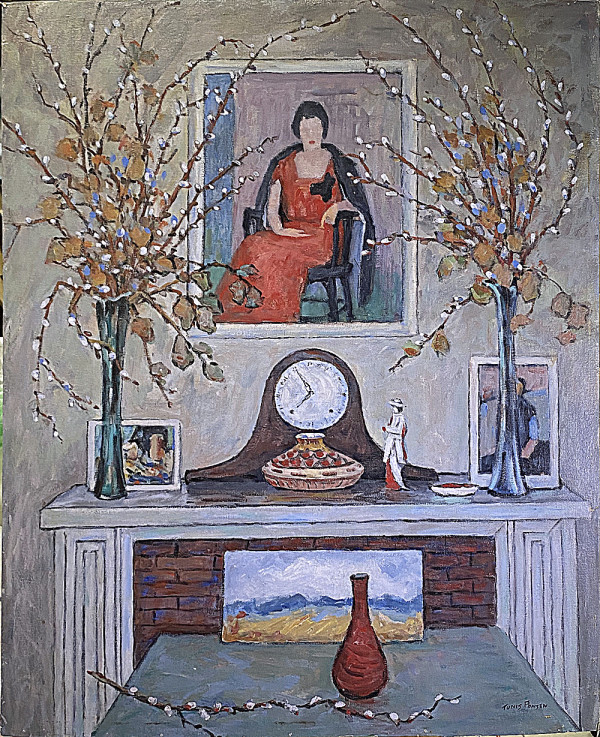 Interior Scene w Painting of Catherine Cornell above Fireplace by Tunis Ponsen