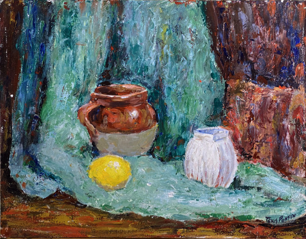 Still Life w a Lemon, Red and White Pot and White Vase by Tunis Ponsen