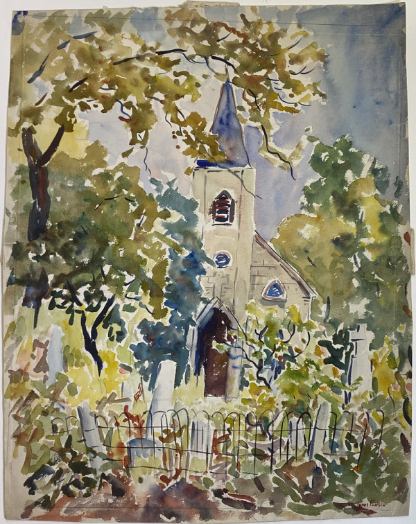 Church w Blue Steeple and Cemetery by Tunis Ponsen
