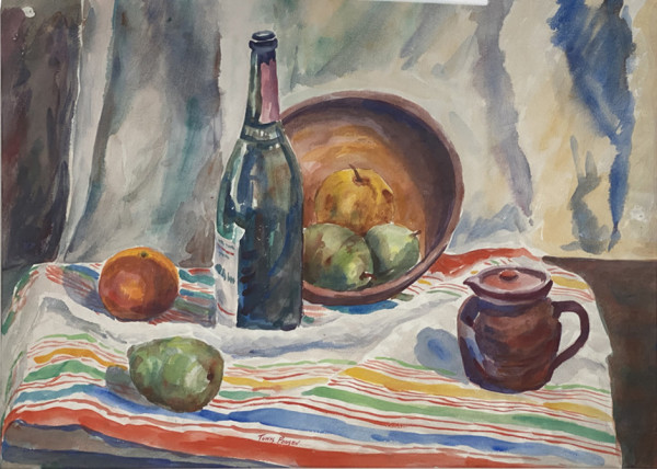 Wine Bottle with Fruit and Striped Cloth by Tunis Ponsen
