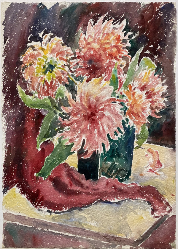 Red/Orange Flowers in Vase with Red Cloth on Table by Tunis Ponsen