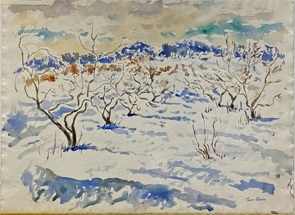 Orchard Trees in Winter with Farm Buildings in Distance by Tunis Ponsen