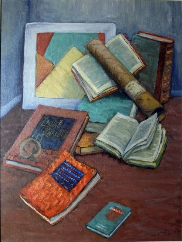 Arrangement of books, Painting and Tube by Tunis Ponsen
