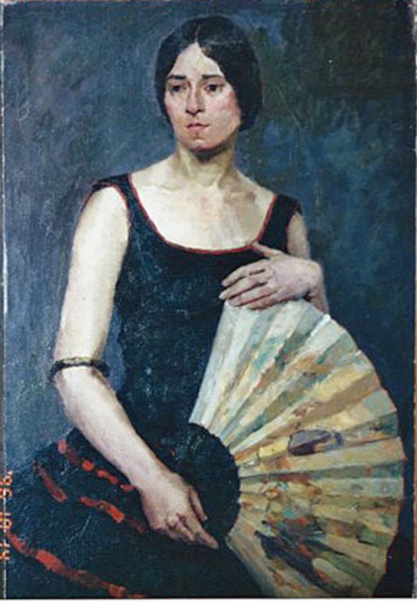 Woman with Japanese Fan and Red Trimmed Black Dress by Tunis Ponsen