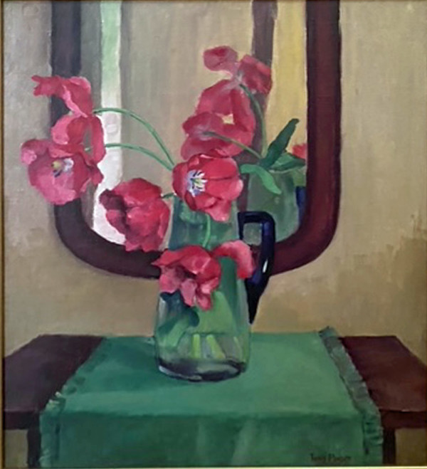 Red Flowers in Glass Vase on Turquoise Runner by Tunis Ponsen