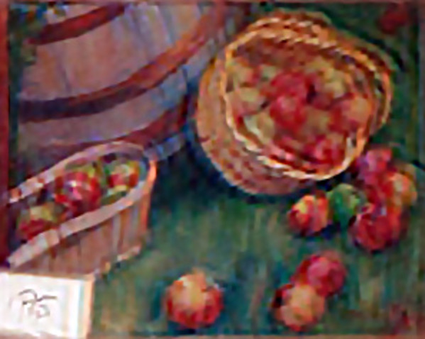 Two Wicker Baskets of Apples With Wooden Barrel by Tunis Ponsen