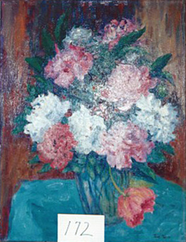Flowers in Glass Vase on Turquoise Covered Table by Tunis Ponsen