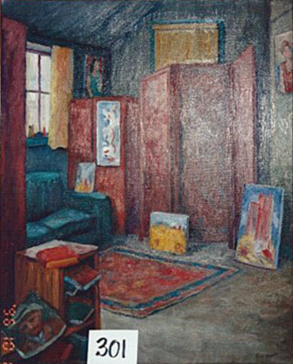 Interior Scene with Red Dividers, Art Books and Turquoise Sofa by Tunis Ponsen