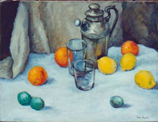 Still Life with Citrus, Glass Tumblers and Metal Pitcher by Tunis Ponsen