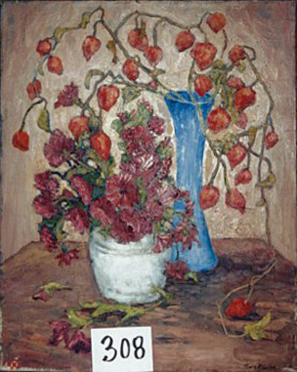 Still Life with red and Maroon Flowers in Blue and White vases by Tunis Ponsen