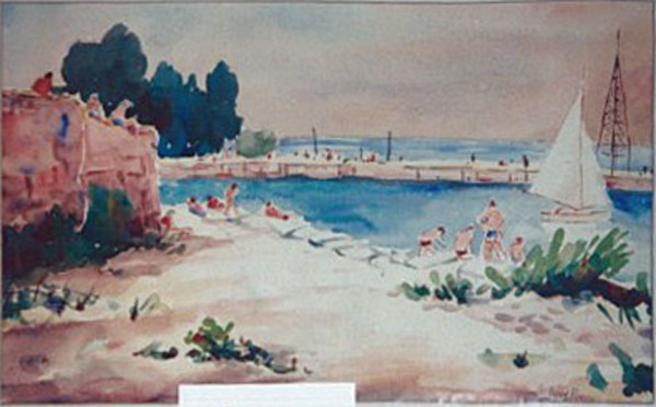 Beach Scene with Pier, Swimmers and Sailboat by Tunis Ponsen