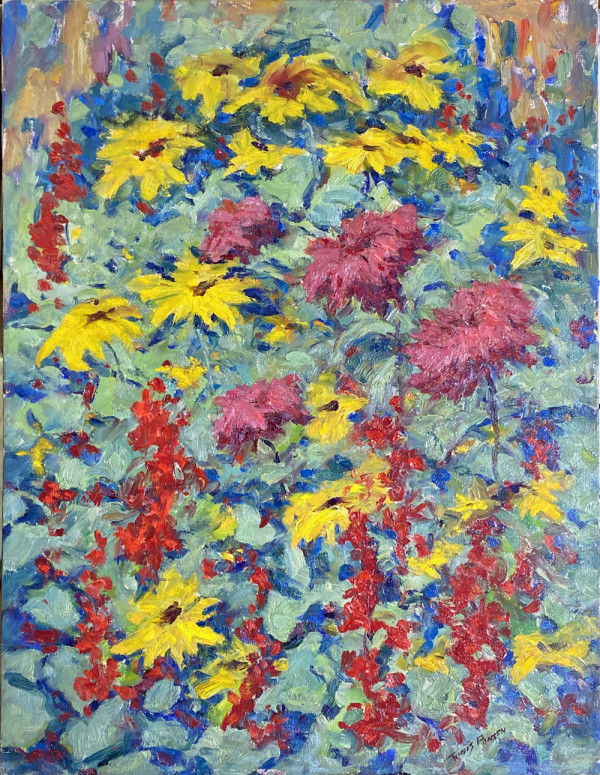Black eyed Susans with Red and Pink Flowers and blue background by Tunis Ponsen