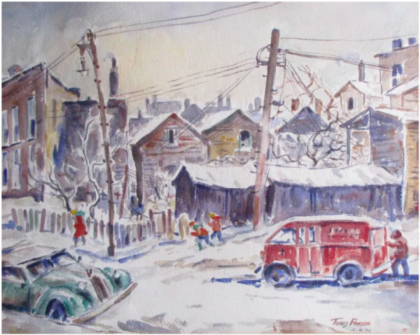Winter Street Scene with Red Van by Tunis Ponsen