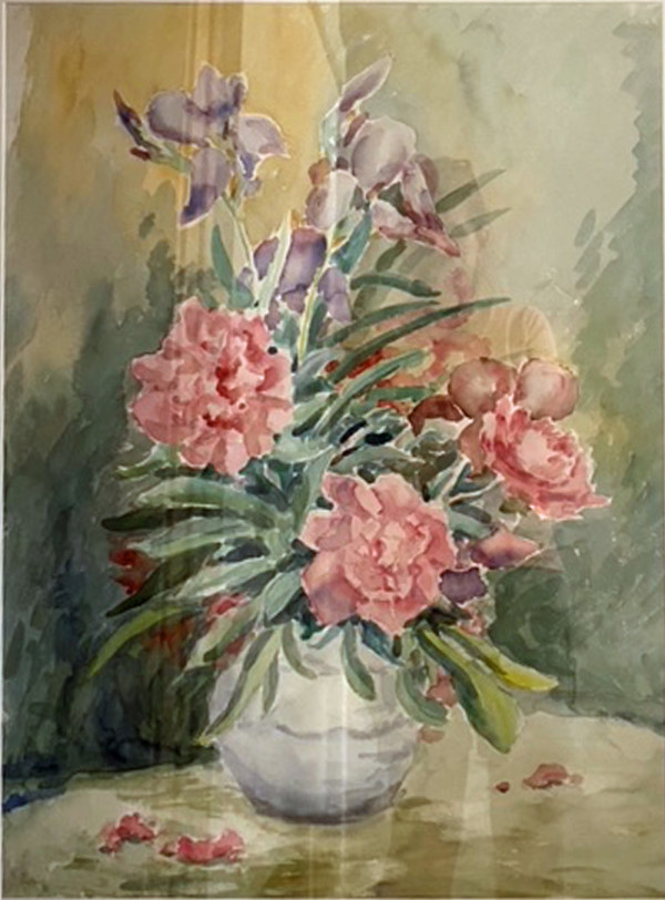 Pinkand Violet Floral in White Round Vase by Tunis Ponsen