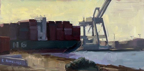 Cargo Ship with Harbor Crane, Plein Air by Erica Norelius