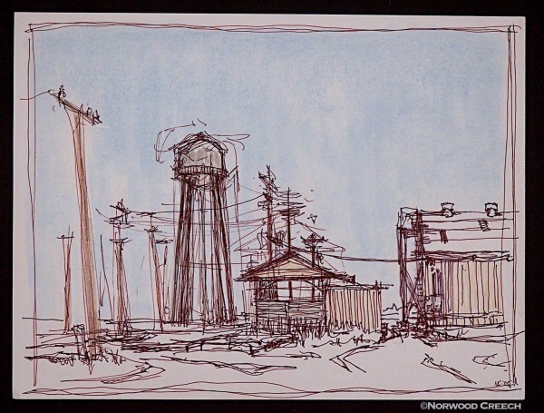 Lepanto Water Tower and Warehouse, Poinsett County, Arkansas, sketched on location by Norwood Creech