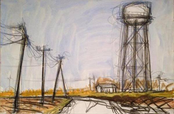 Looking up to the Water Tower at Dyess,  W Co Rd 924, Mississippi County, Arkansas, painted on location, 2/23/17 by Norwood Creech