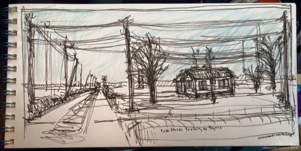 Power Poles at the Cash House at Dyess, Mississippi County, Arkansas, sketch on location