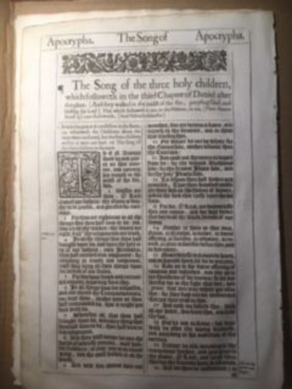 1611  King James Pulpit Bible 1st edition Bible leaf folio size:    Apocrypha: The Song of Three Holy Children by Bible
