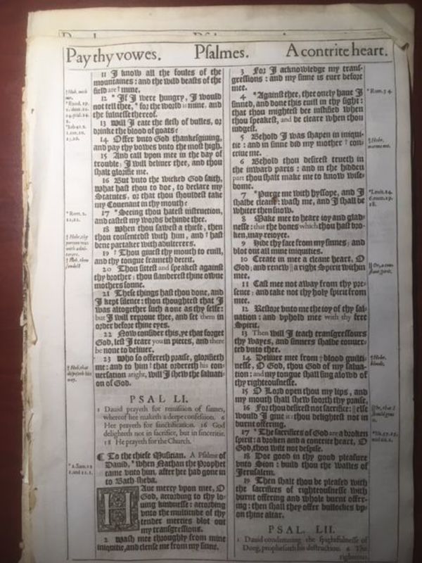 1611  King James Pulpit Bible 1st edition Bible leaf folio size: Psalms LI by Bible