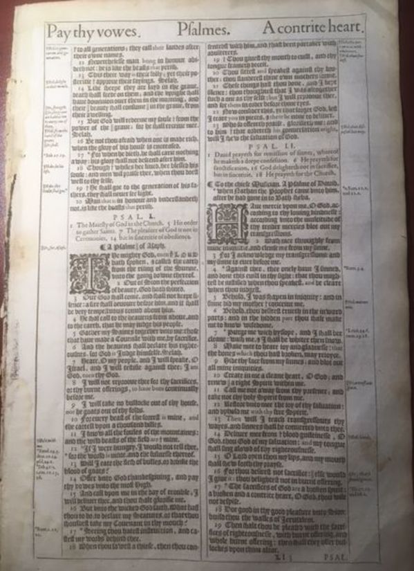 1613  King James Pulpit Bible second edition Bible leaf folio size:   Psalms L by Bible