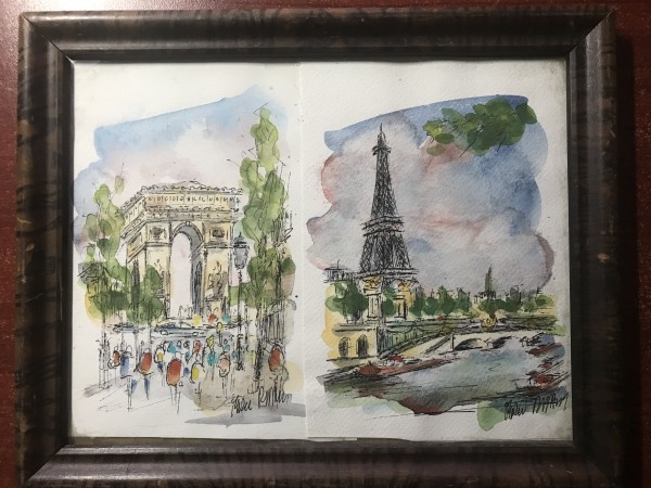 Pair of Parisian Watercolors (Eiffel Tower & Arc de Triomphe) by Undiscernible