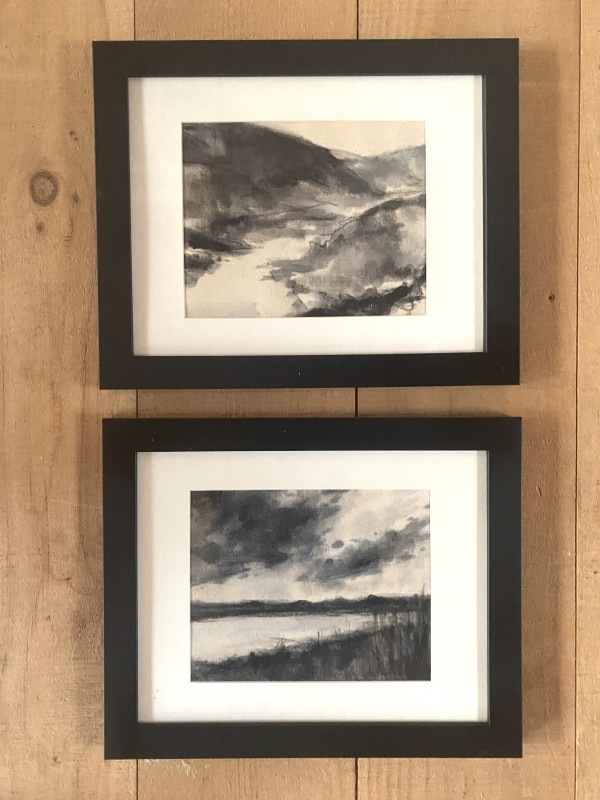 pair of ink on raw canvas framed paintings by Christen Yates