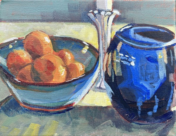 Still Life of Oranges and Blue Vase by Lynne Ryall